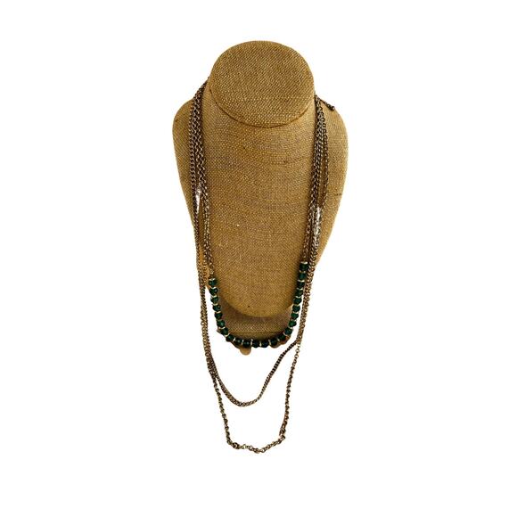 Vintage Three Strand Gold Chain and Green Glass Bead Necklace - Picture 2 of 5